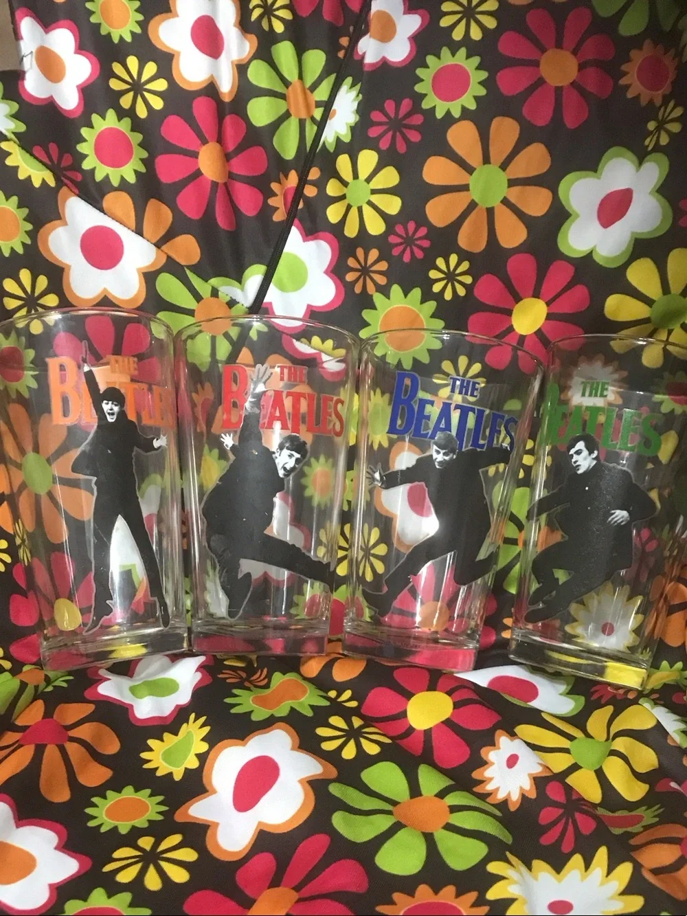 The Beatles Pint Glasses Set with Red, Orange, Blue, Green Logos